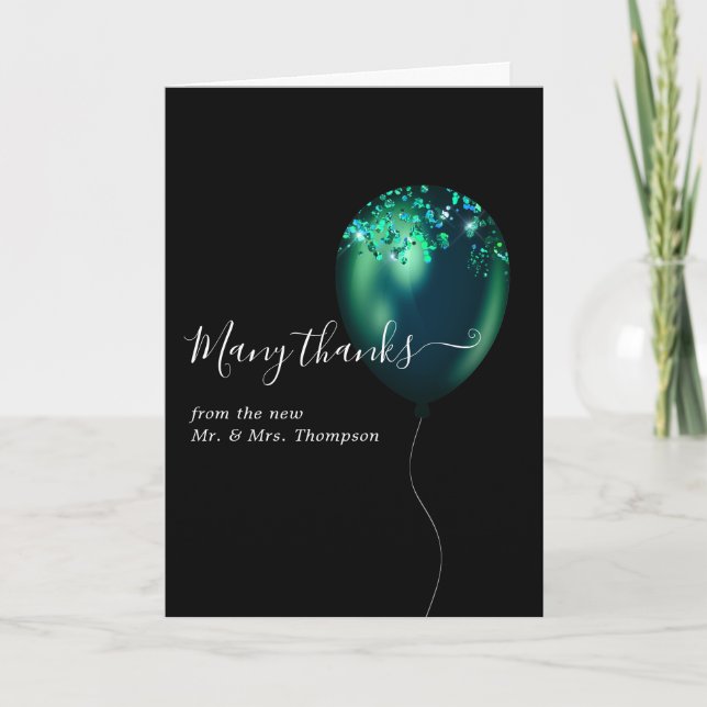 Emerald Green Confetti Balloon Wedding Photo Thank You Card (Front)