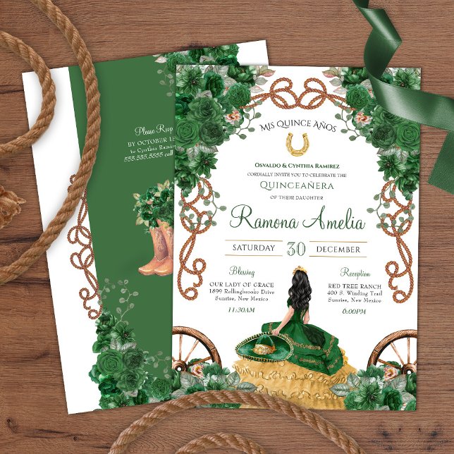 Emerald Green Country Western Charro Quinceañera  Invitation (Creator Uploaded)