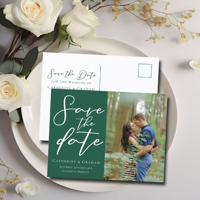 Emerald Green Couple Photo Forest Save the Photo Announcement Postcard (Creator Uploaded)