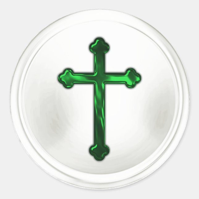 Emerald Green Cross on White Envelope Seal Sticker (Front)