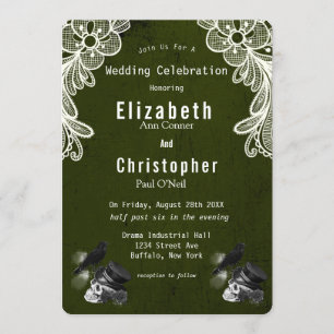 Emerald Green Crow Skull Roses Gothic Wedding Invitation