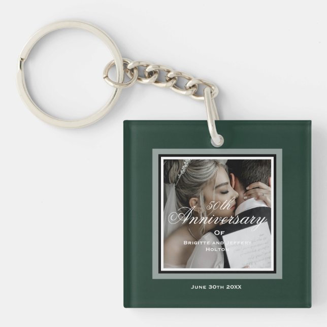 Emerald green customisable 50th anniversary key ring (Front)