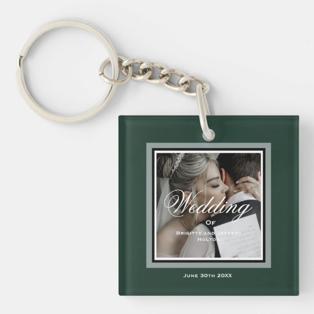 Emerald green customisable wedding photo keychain (Front)