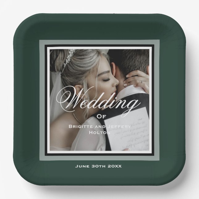 Emerald green customisable wedding photo paper plate (Front)