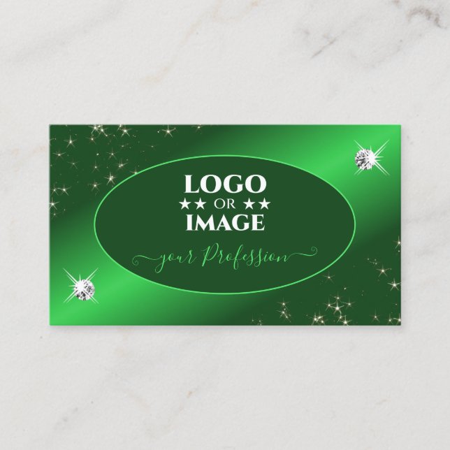 Emerald Green Cute Glitter Stars Diamonds Add Logo Business Card (Front)