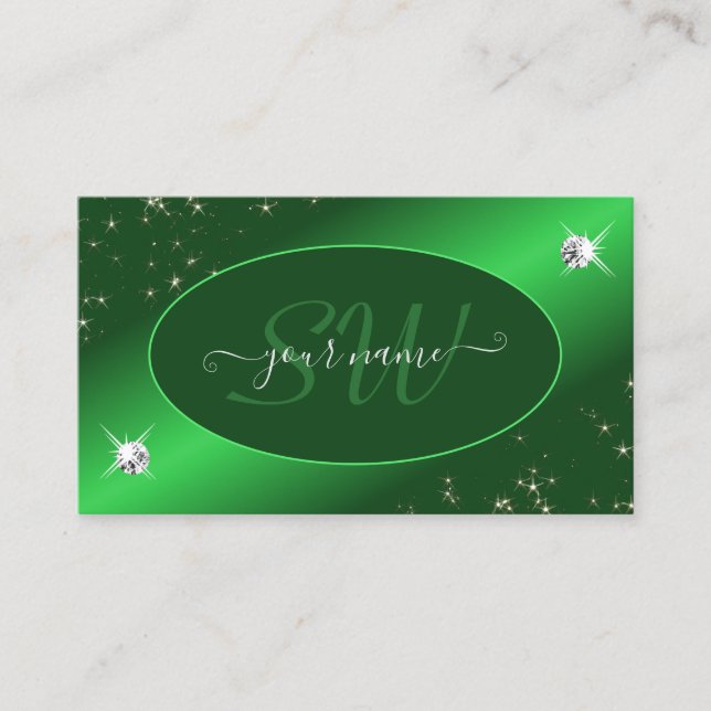 Emerald Green Cute Glitter Stars Diamonds Initials Business Card (Front)