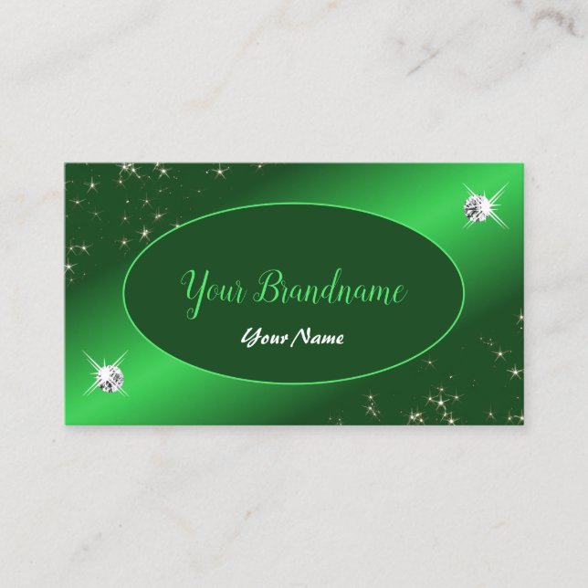 Emerald Green Cute Glitter Stars Diamonds Stylish Business Card (Front)