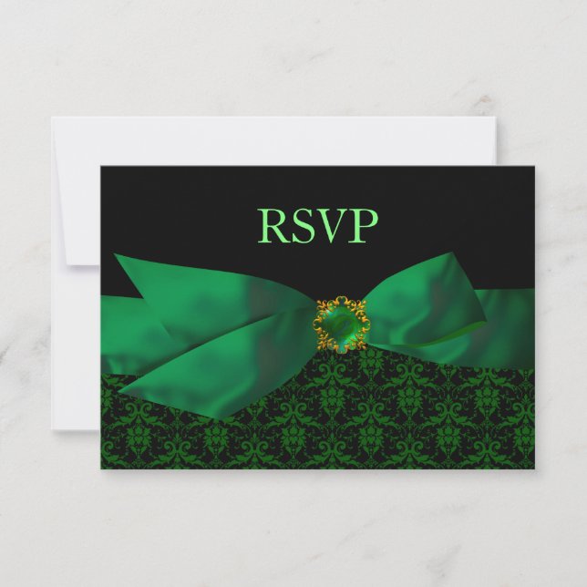Emerald Green Damask Wedding RSVP Card (Front)