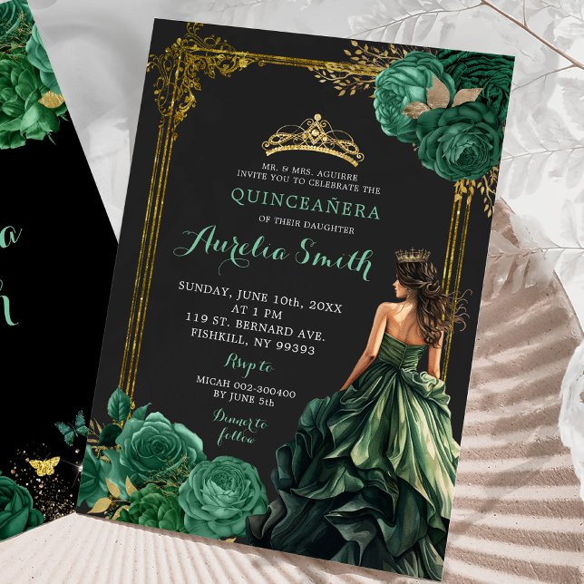 Emerald Green Dark background Royal Quinceañera Invitation (Creator Uploaded)