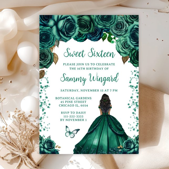 Emerald Green Dark Skin Princess Sweet Sixteen Invitation (Creator Uploaded)