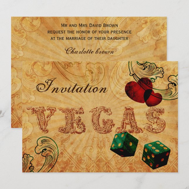 emerald green dice Vintage Vegas wedding invites (Front/Back)