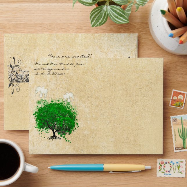 Emerald Green Dove Heart Leaf Tree Envelopes (Desk)