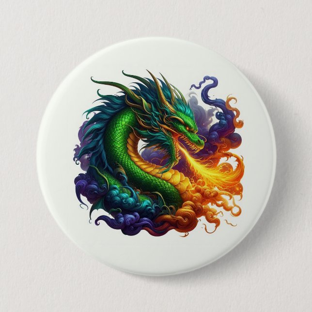 Emerald Green Dragon Breathing Fire 7.5 Cm Round Badge (Front)