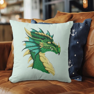 Emerald Green Dragon Portrait Head Fantasy Cushion
