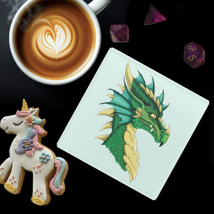 Emerald Green Dragon Portrait Head Fantasy Glass Coaster
