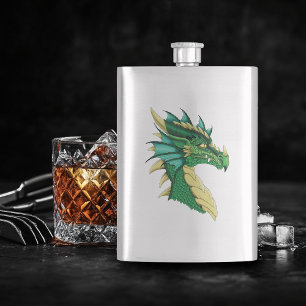 Emerald Green Dragon Portrait Head Fantasy Hip Flask
