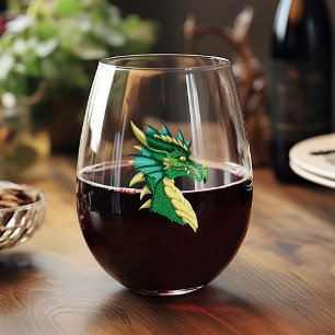 Emerald Green Dragon Portrait Head Fantasy Stemless Wine Glass