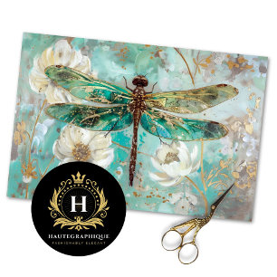 Emerald Green Dragonfly Vintage Floral Decoupage Tissue Paper