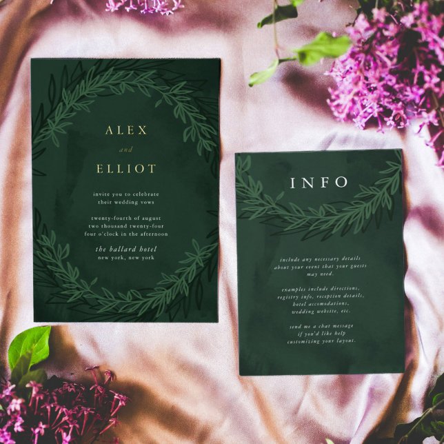 Emerald Green Dramatic Wedding Information RSVP Card (Emerald green botanical wedding additional information enclosure card.)