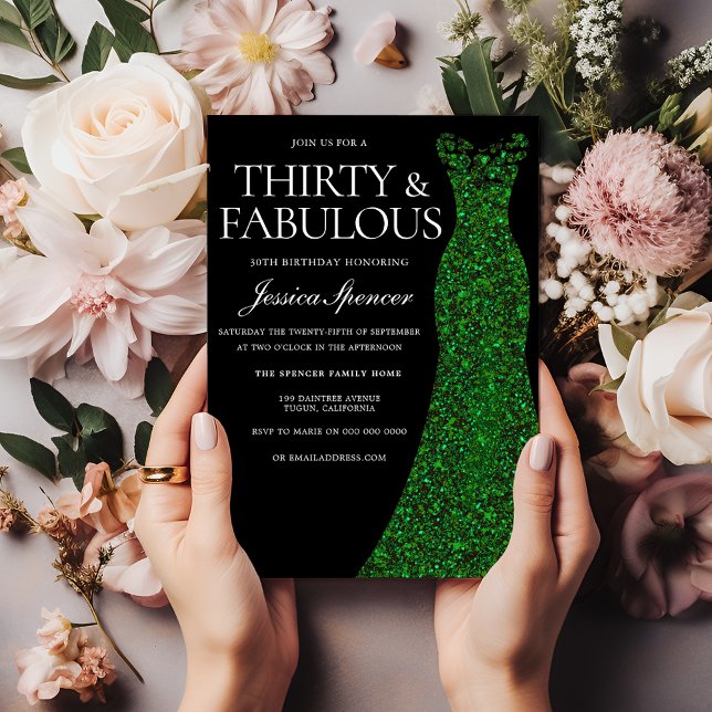 Emerald Green Dress & Black 30th Birthday Party Invitation (Creator Uploaded)