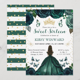 Emerald Green Dress Brunette Princess Sweet 16 Invitation