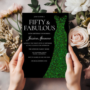 Emerald Green Dress Fifty Fab Black 50th Birthday Invitation