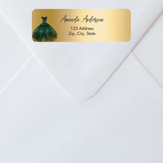 Emerald green dress gold return address label (Creator Uploaded)