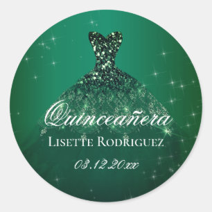 Emerald Green Dress Personalised Quinceanera Classic Round Sticker