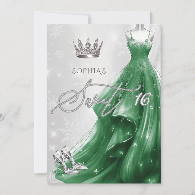 Emerald Green Dress Snowflakes Winter Sweet 16 Invitation (Front)