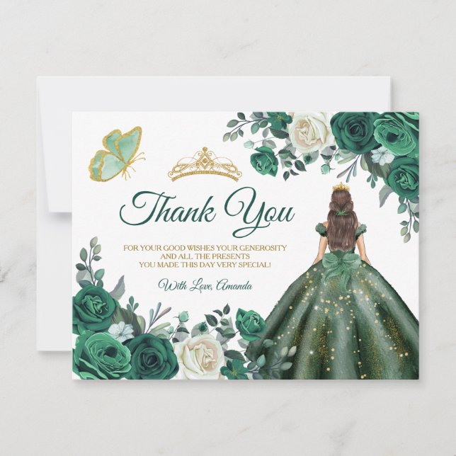 Emerald Green Dresses Quinceañera Gold Crown Thank You Card (Front)