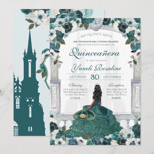 Emerald Green Elegant Charro Princess Quinceanera Invitation (Front/Back)