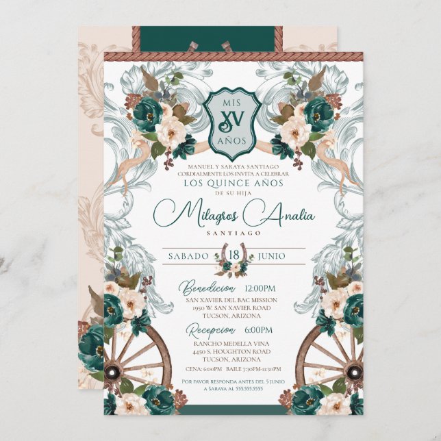 Emerald Green Elegant Charro Western Quinceanera Invitation (Front/Back)