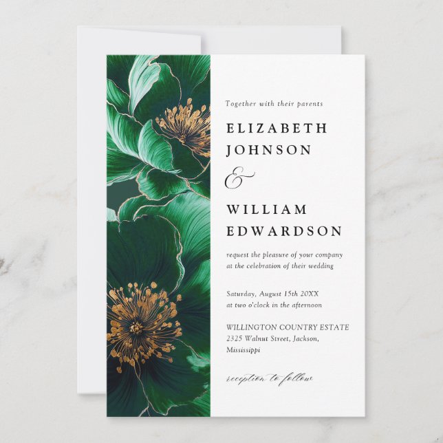 Emerald Green Elegant Chic Floral QR Code Wedding Invitation (Front)