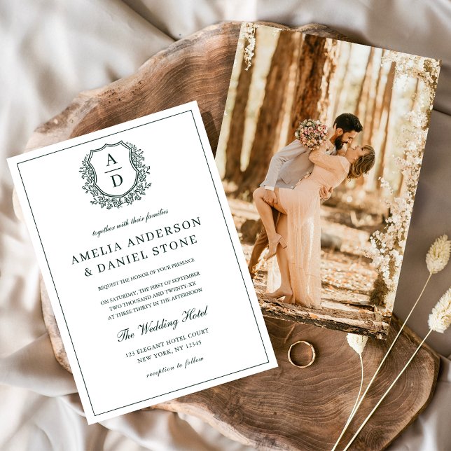 Emerald Green Elegant Crest Monogram Wedding  Invitation (Creator Uploaded)