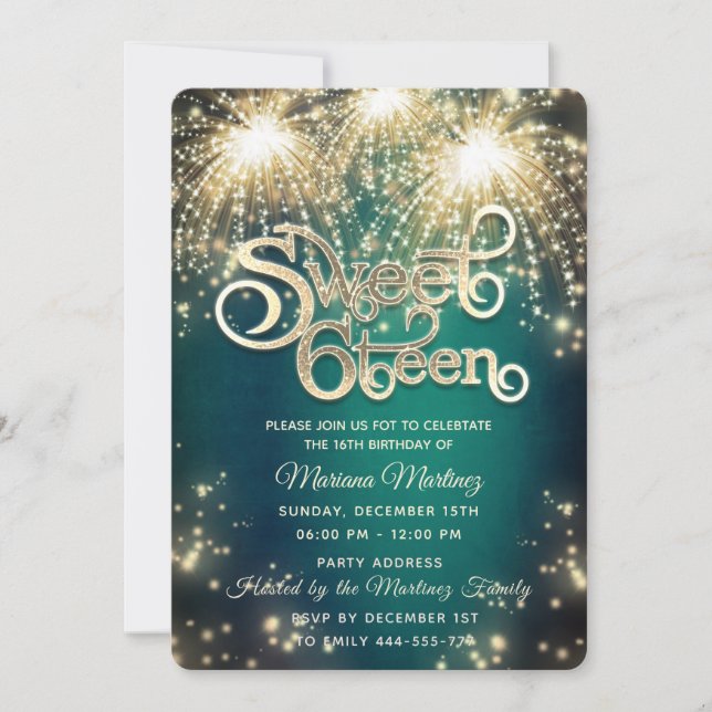 Emerald green elegant firework gold sparkle  invitation (Front)