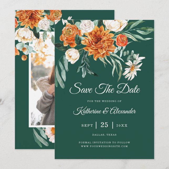 Emerald Green Elegant Floral Orange Photo Wedding Save The Date (Front/Back)