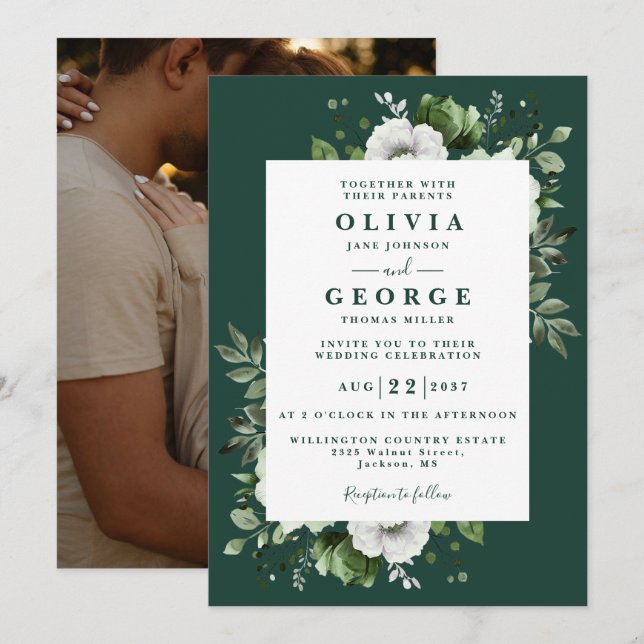 Emerald Green Elegant Floral Photo Wedding Invitation (Front/Back)