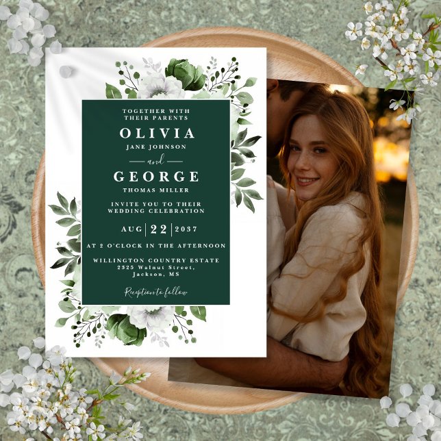 Emerald Green Elegant Floral Photo Wedding Invitation (Emerald Green Elegant Floral Photo Wedding Invitation)