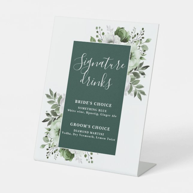 Emerald Green Elegant Floral Signature Drinks Pedestal Sign (Front)