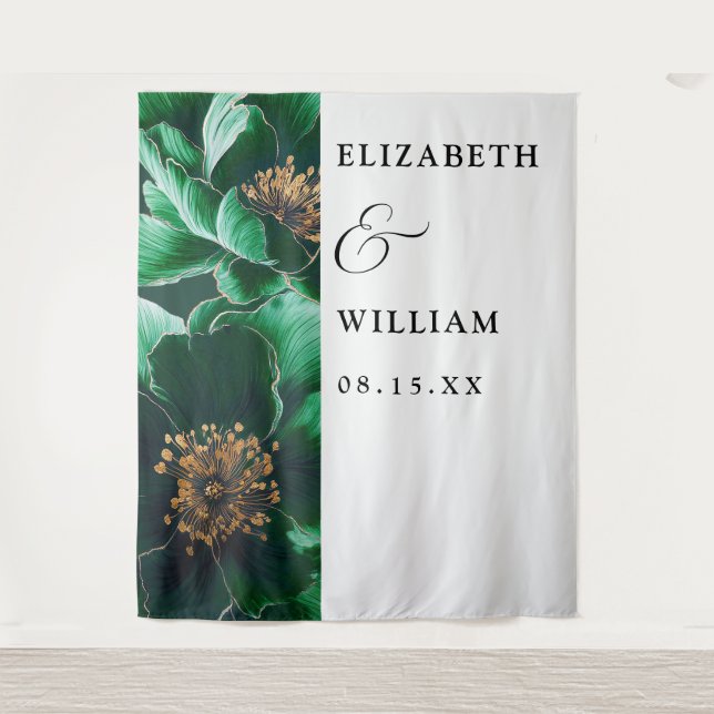Emerald Green Elegant Floral Wedding Backdrop Tapestry (Front)