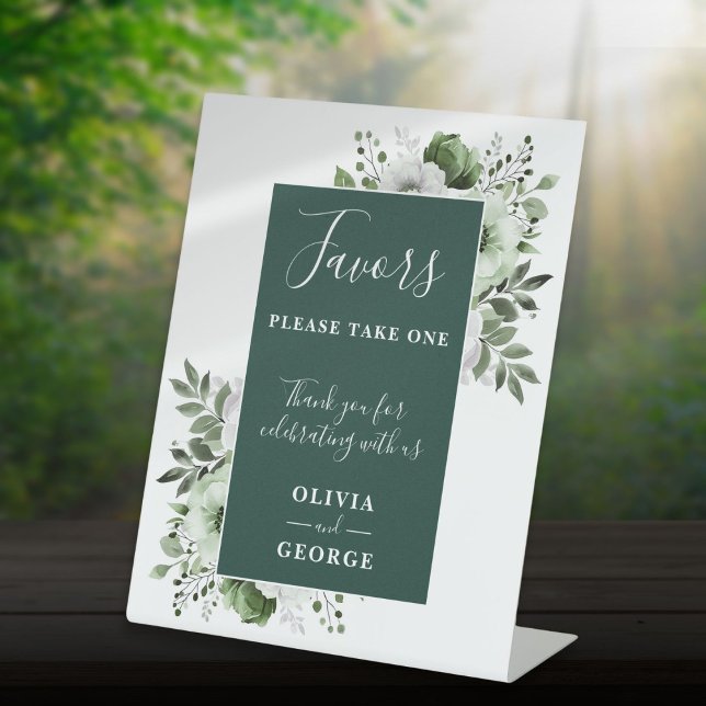 Emerald Green Elegant Floral Wedding Favours Pedestal Sign (Emerald Green Elegant Floral Wedding Favors Pedestal Sign)