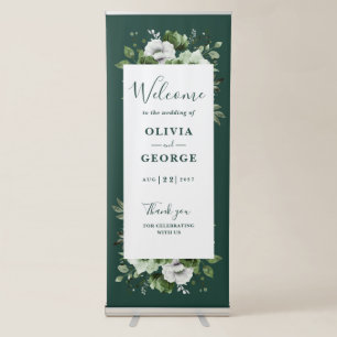 Emerald Green Elegant Floral Wedding Welcome Retractable Banner