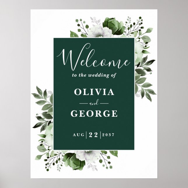 Emerald Green Elegant Floral Wedding Welcome Sign (Front)