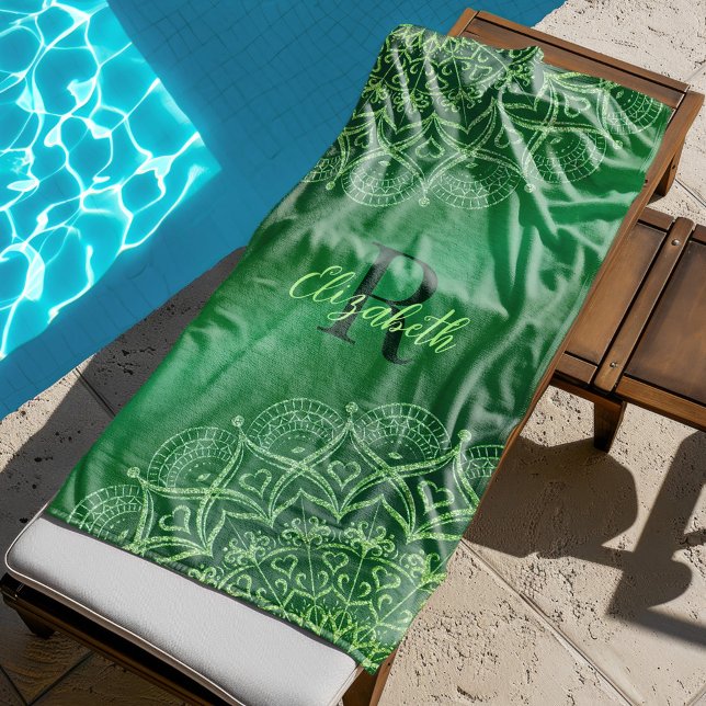 Emerald Green Elegant Mandala Monogrammed Beach Towel (Creator Uploaded)