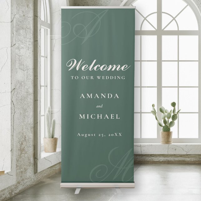Emerald Green Elegant Monogram Wedding Retractable Banner (An elegant sign to welcome guests to your wedding. Available in a variety of popular colors.)