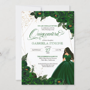 Emerald Green Elegant Roses and Gown 2 Quinceanera Invitation