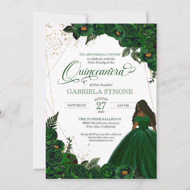 Emerald Green Elegant Roses and Gown 2 Quinceanera Invitation (Front)