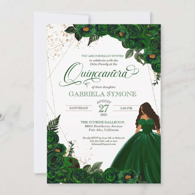 Emerald Green Elegant Roses and Gown 2 Quinceanera Invitation (Front)