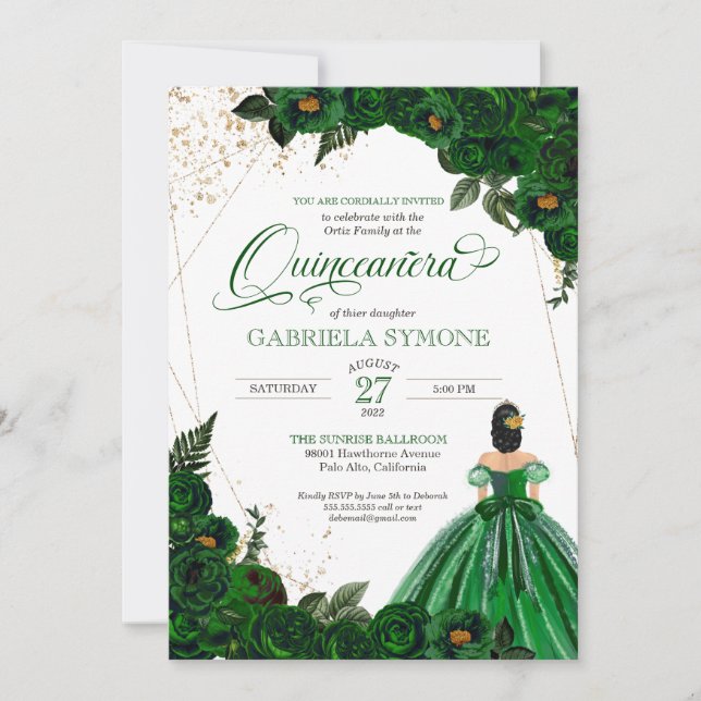 Emerald Green Elegant Roses and Gown Quinceanera I Invitation (Front)