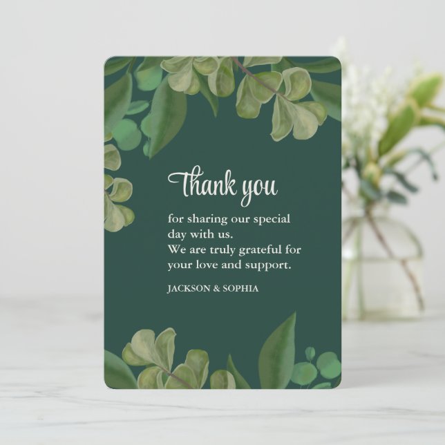 Emerald green Elegant rustic greenery leaves lush Thank You Card (Standing Front)